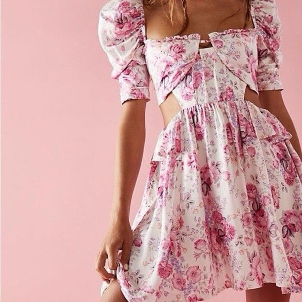 For Love & Lemons Lucia Floral Cutout Puff Sleeve Pink Mini Dress Size S New